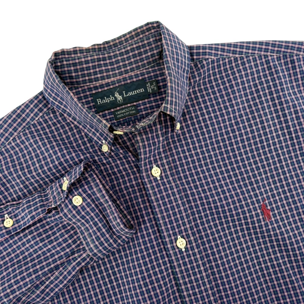 Ralph Lauren Yarmouth Mens 15 32/33 Plaid Button Down Shirt Navy Blue Cotton